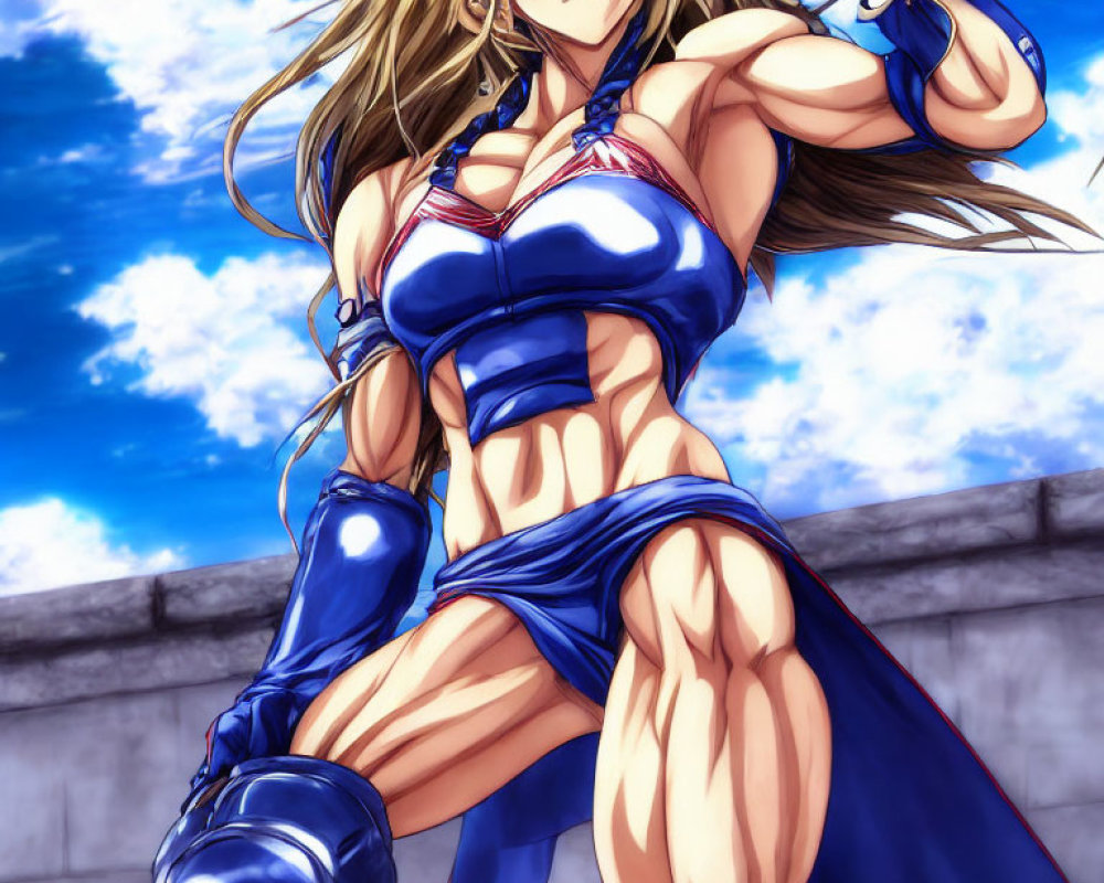 Muscular female fighter in blue and red gear with blonde hair in sky backdrop