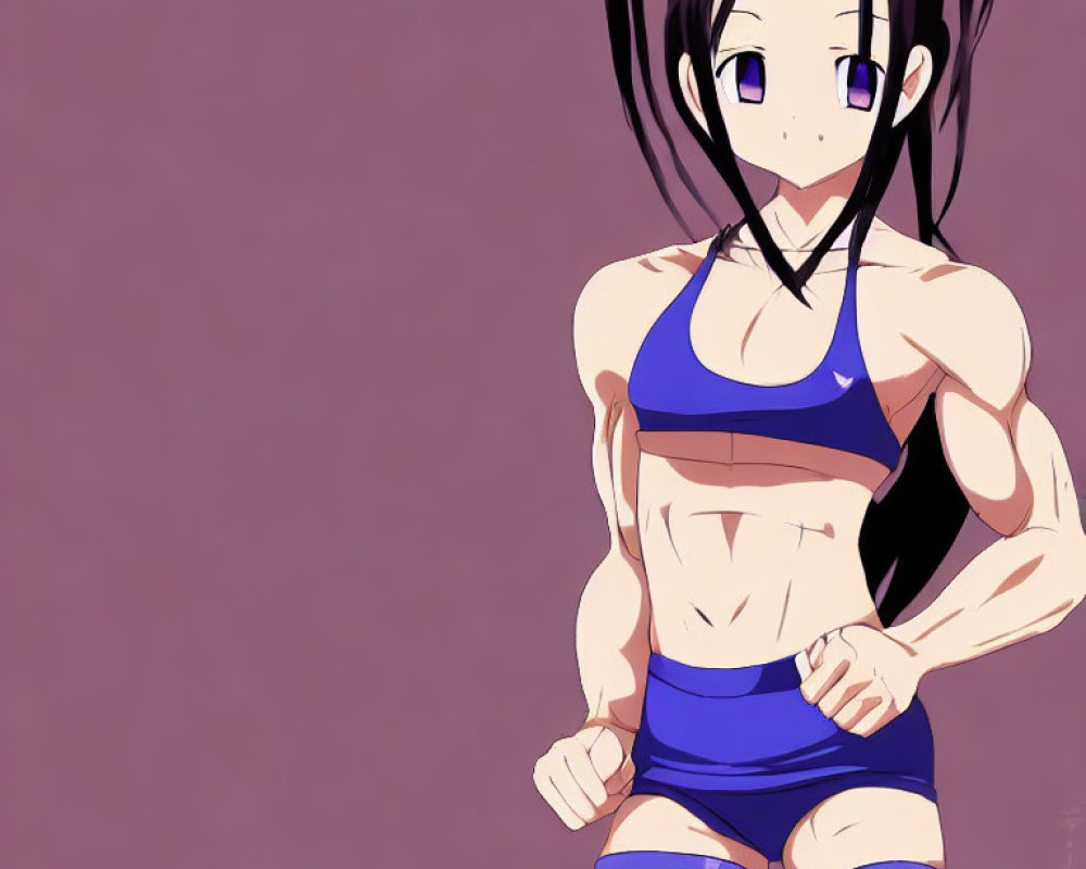 Anime character with long black hair, purple eyes, blue sports bra, shorts, and muscular physique.