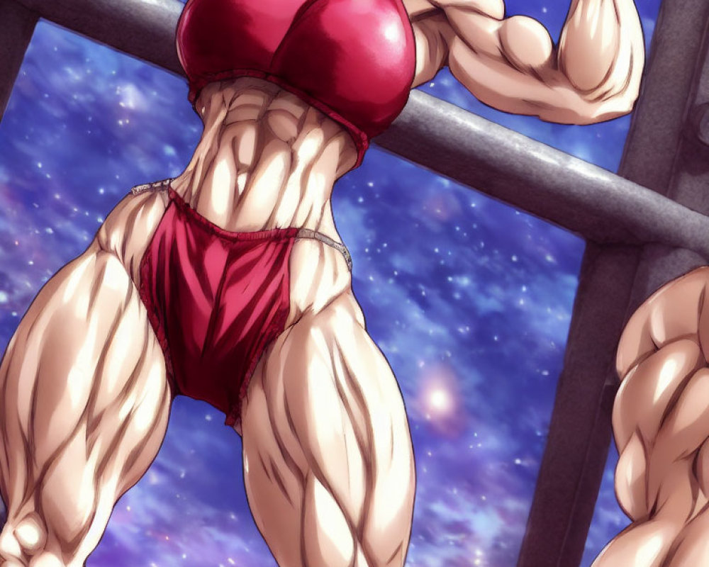 Muscular character in red bikini poses on metal structure against cosmic backdrop