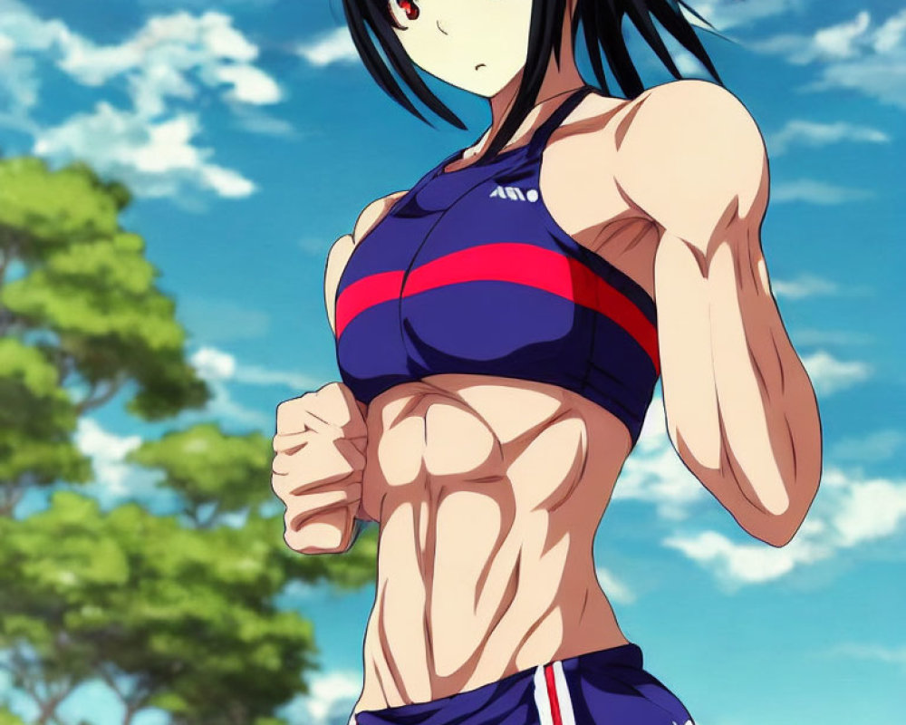 Anime character with red eyes and black hair in sports top displays muscular physique under blue sky.