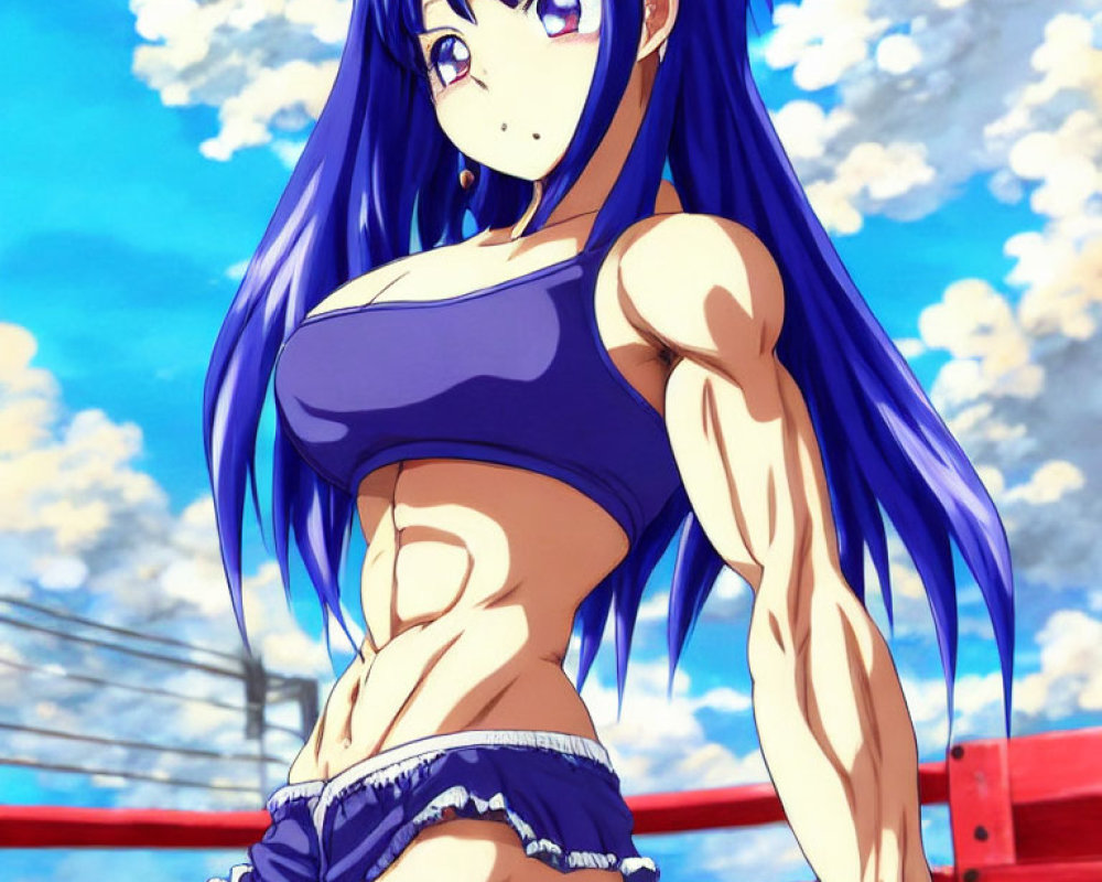 Blue-haired anime character in sports attire by red boxing ring