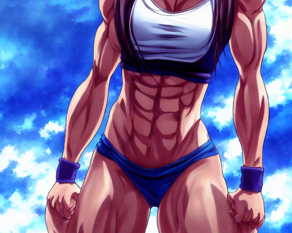 Muscular woman in white sports top and blue bottoms under blue sky