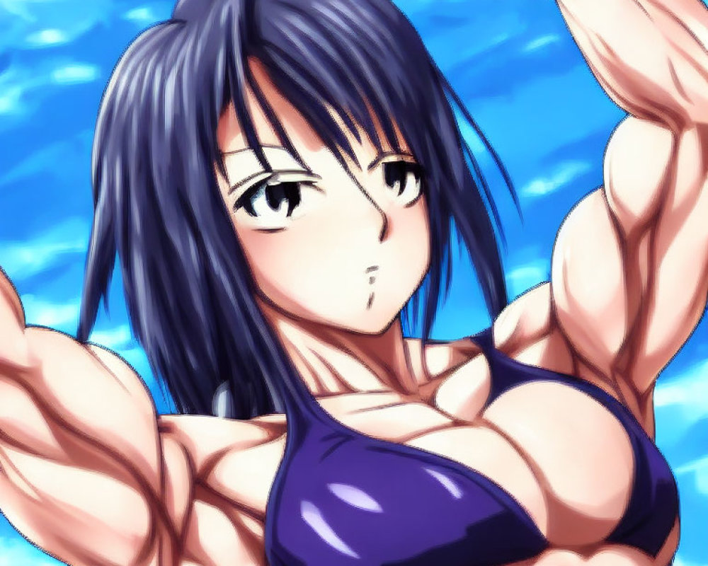 Muscular anime girl with blue hair flexing biceps in purple tank top against blue sky.