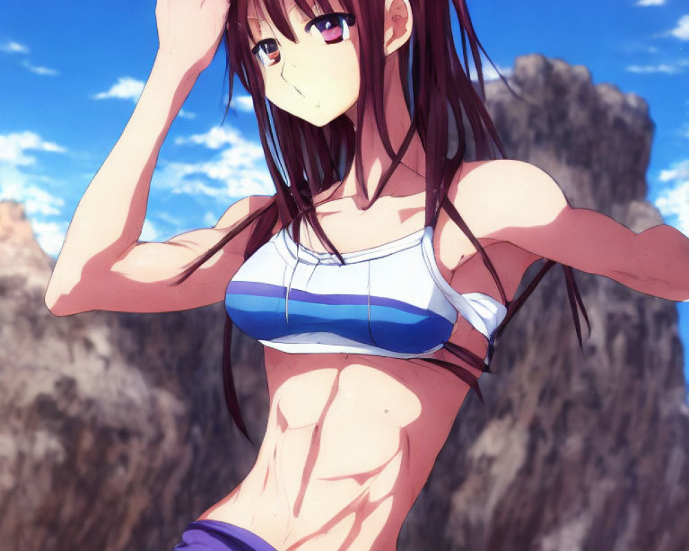 Animated female character with long brown hair in blue and white sports bikini against blue sky and clouds