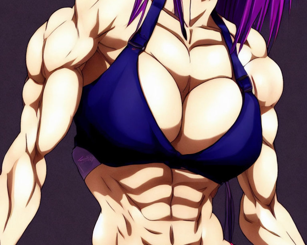 Muscular character with purple hair in blue bikini top, featuring defined torso and arms.