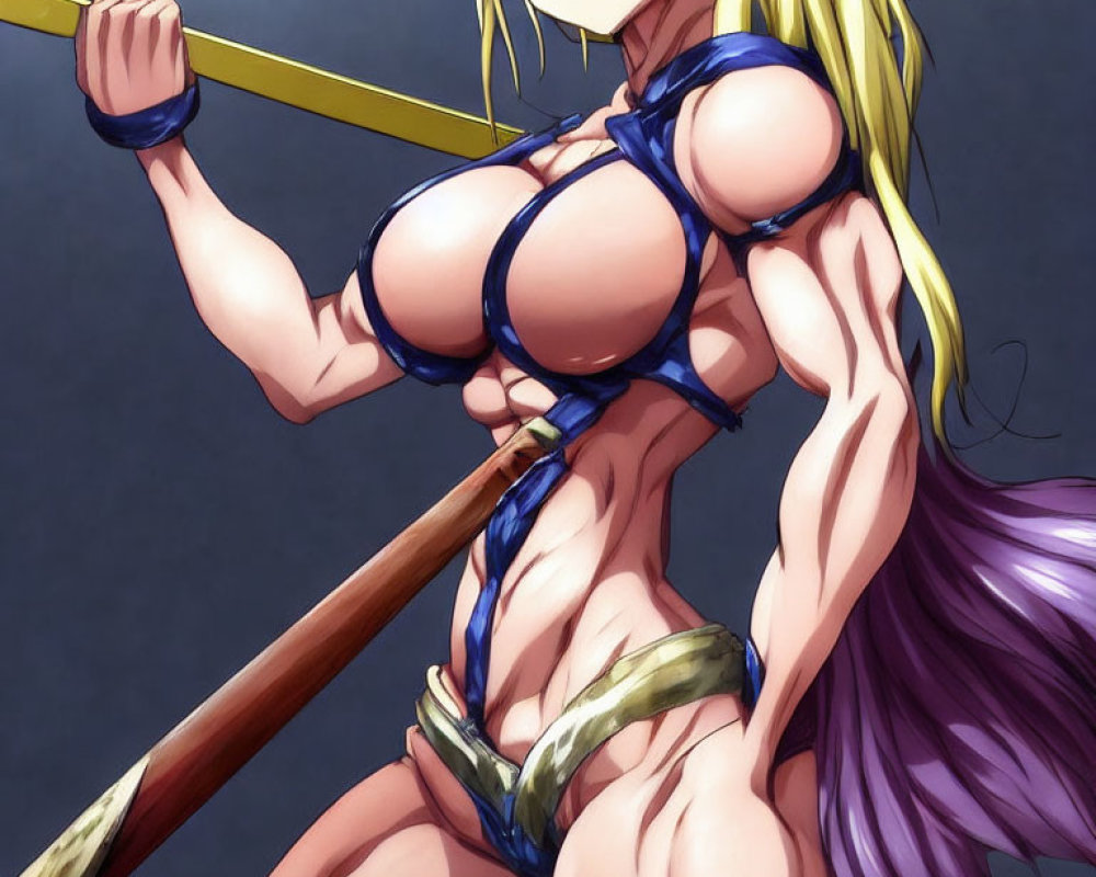 Muscular blonde anime character in revealing outfit with staff