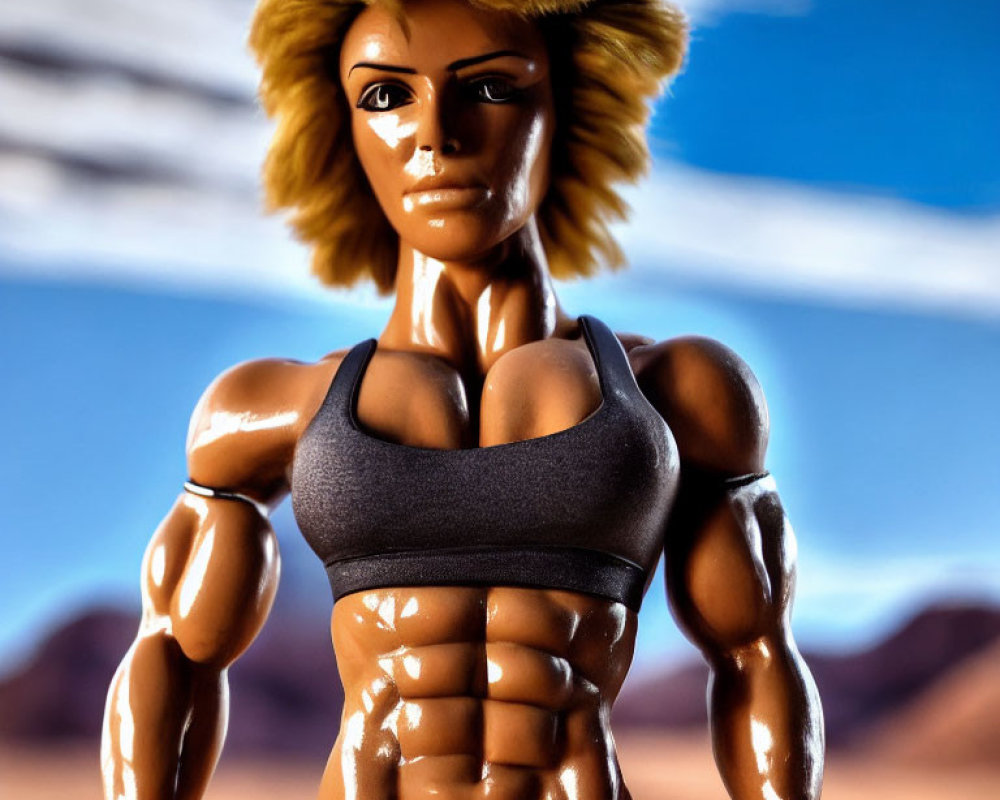 Muscular Blond Action Figure in Sports Top on Desert Background