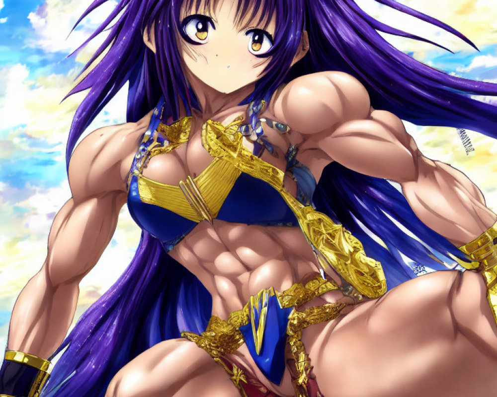 Anime character with long purple hair and golden armor bikini under blue sky