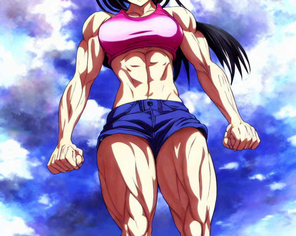 Muscular animated female character in pink crop top and blue shorts flexing under bright sky