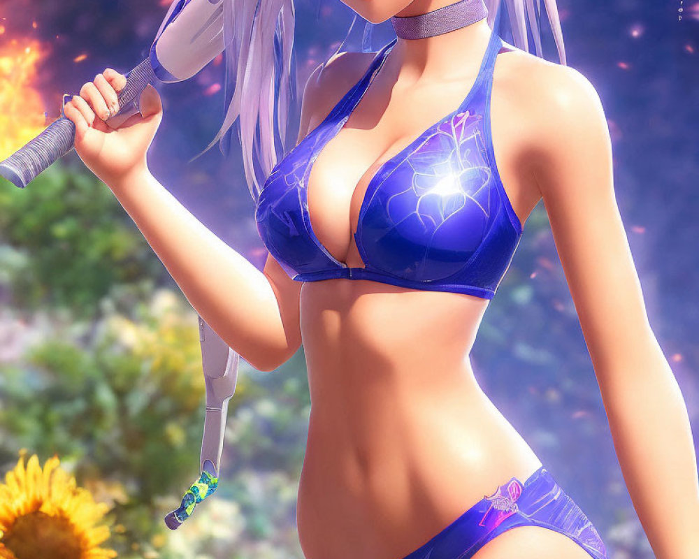 Purple-haired anime character in blue bikini wields futuristic sword amidst sunflower backdrop.