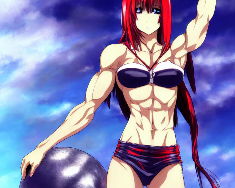 Muscular woman with red hair in bikini holding metallic sphere under blue sky