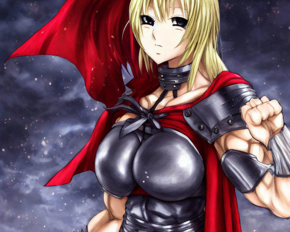 Blonde Anime Warrior in Red Cape and Metallic Armor Ready for Battle