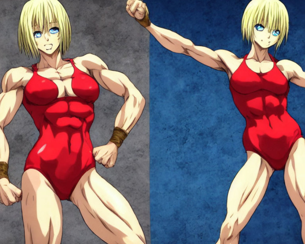 Blonde-haired female character in red swimsuit: Muscular pose vs. relaxed stance