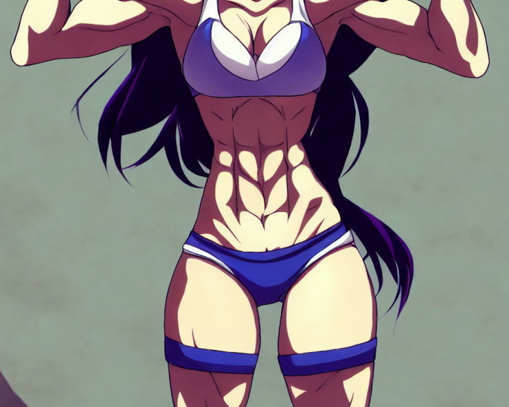 Muscular animated female in purple sports attire flexing arms