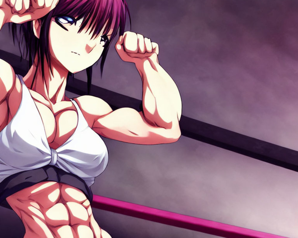 Purple-haired animated female character flexing muscles in white top on purple background