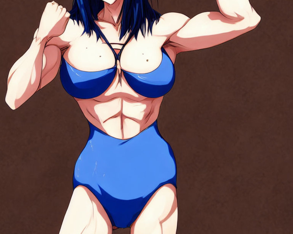 Muscular Female Character with Blue Hair in Swimsuit Flexing Biceps