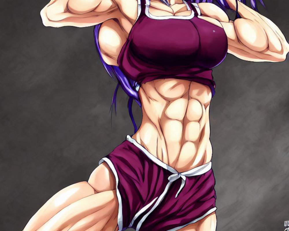 Muscular animated character with purple hair flexing arm muscles in maroon sports attire