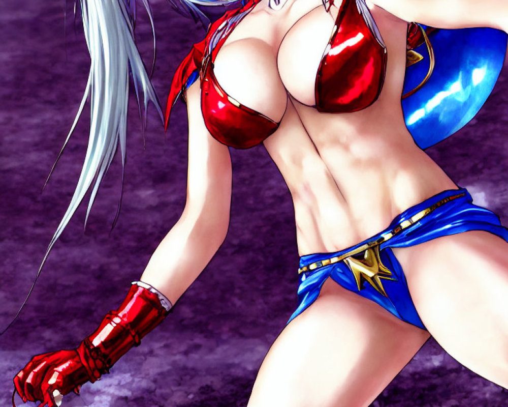 Stylized drawing of female character in silver hair, red and blue armor bikini outfit