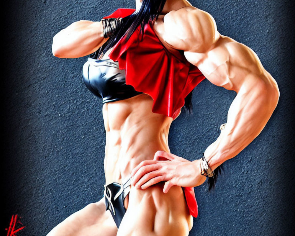 Muscular female character in black outfit with red cape on dark background