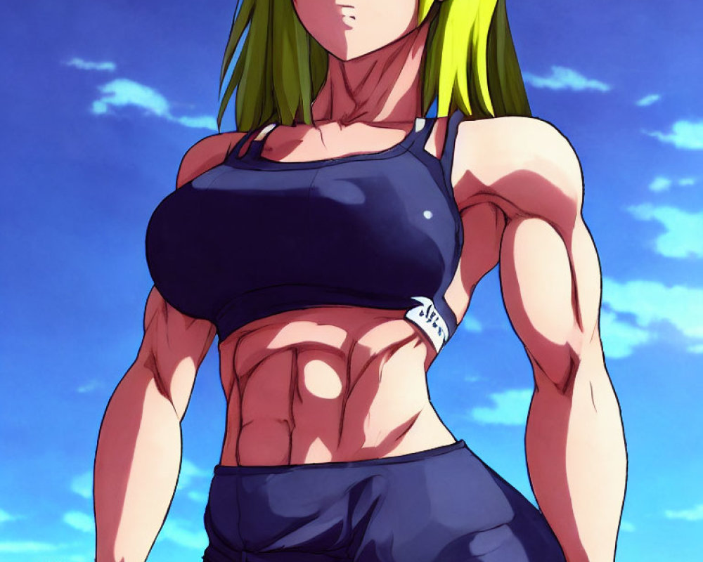 Muscular woman with green hair in blue sports outfit on blue sky background