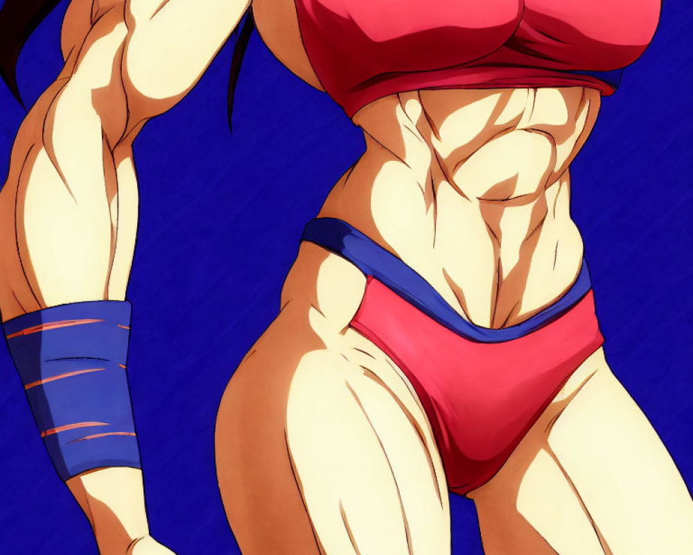 Muscular character in red bikini top and blue bottom on blue background