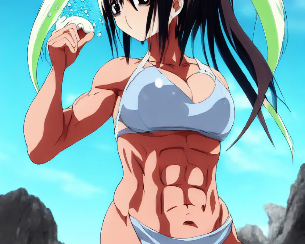 Anime character with defined abs in bikini top and shorts against rocky backdrop.