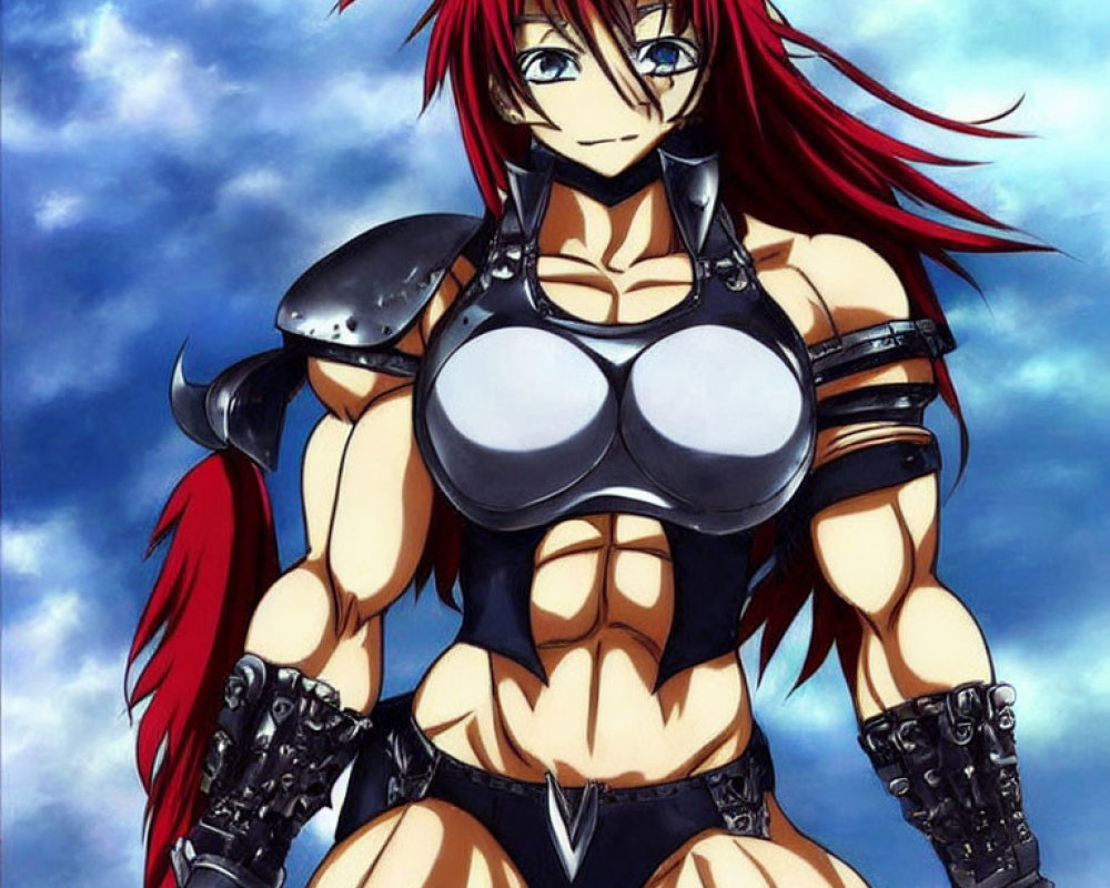 Red-haired female warrior in metallic armor and gauntlets under cloudy blue sky