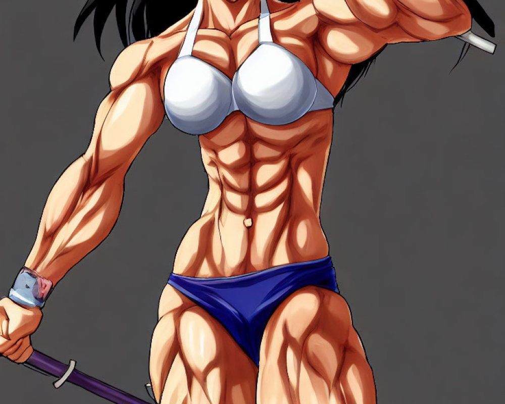 Muscular female character in sports bra and bikini bottom posing with hand behind head