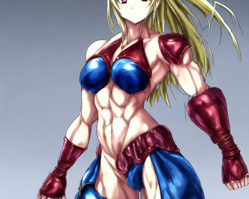 Muscular Female Character in Blue and Red Armor on Grey Background