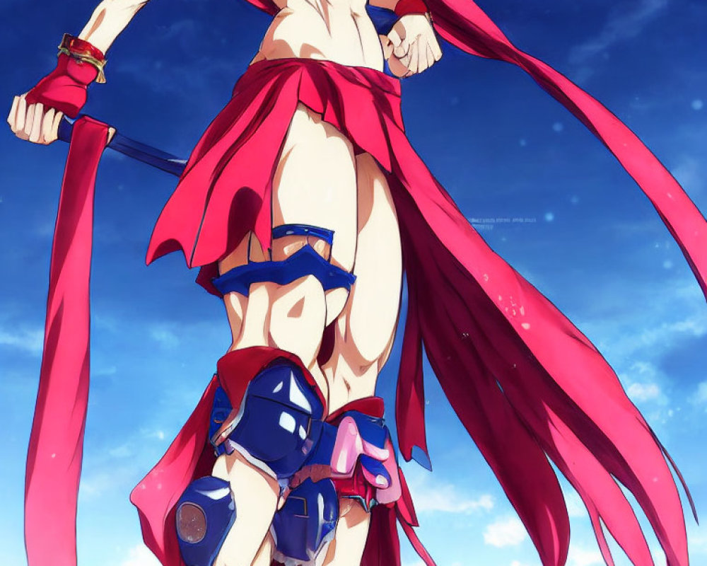 Muscular animated character with red hair and blue armor holding two swords under a blue sky.