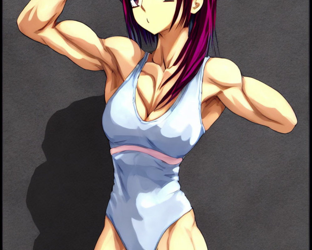 Purple-haired muscular animated female character flexing in blue outfit