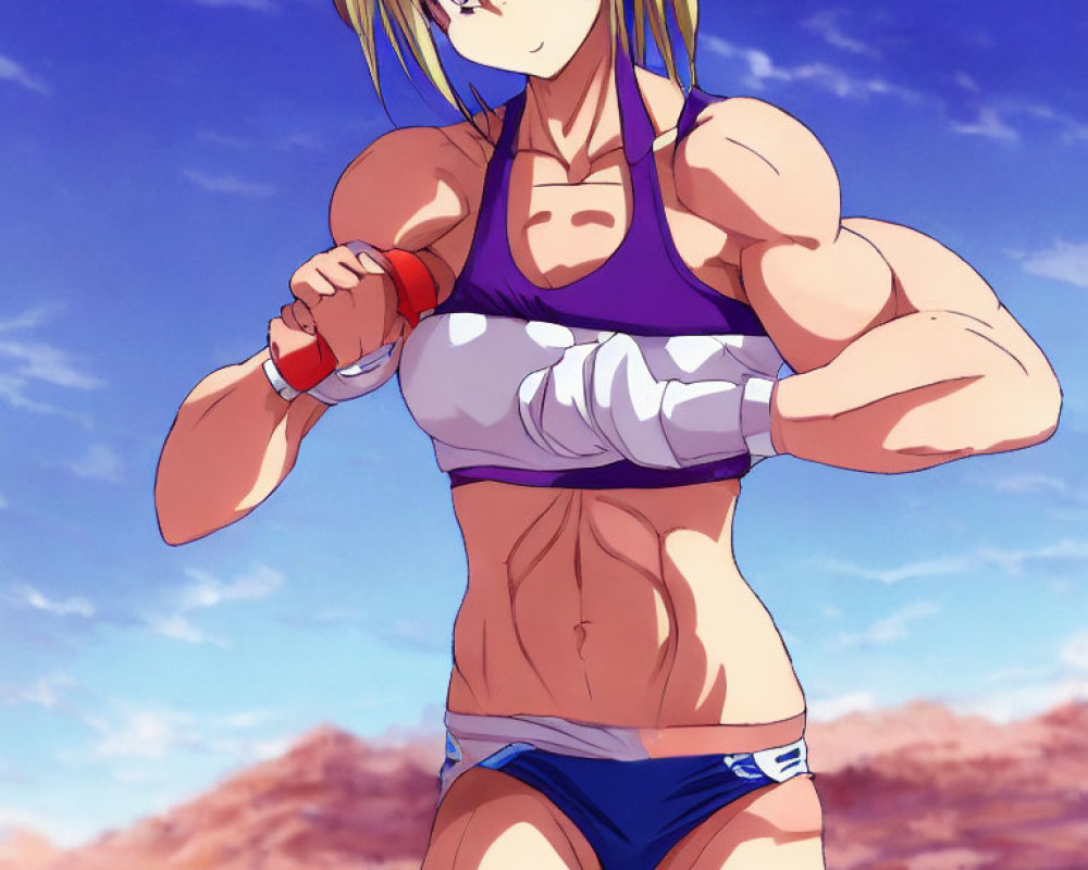 Muscular Female Character in Sports Attire Poses Against Blue Sky