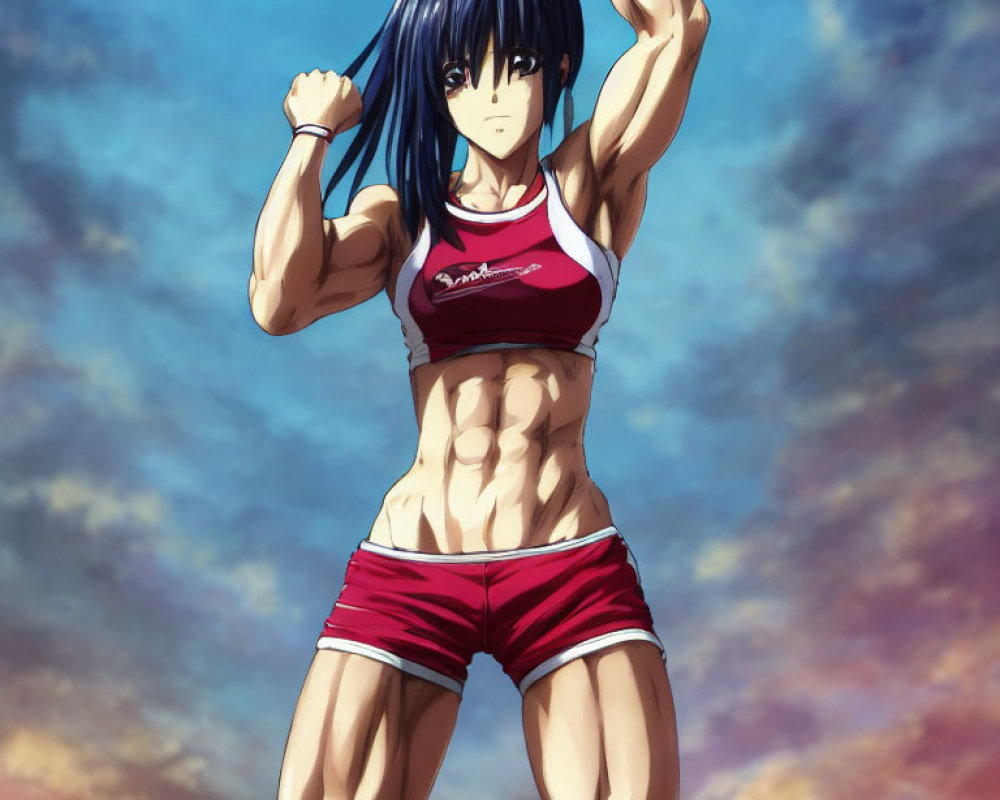 Blue-haired muscular character in red sports attire flexes under dramatic sky