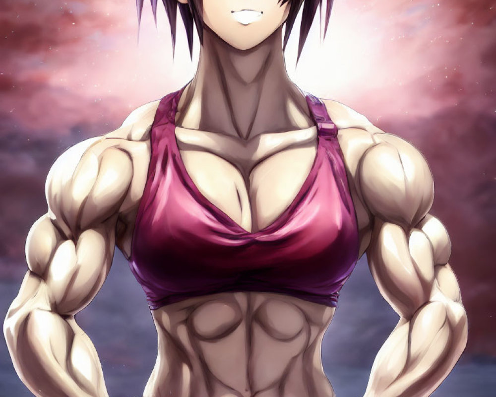 Muscular animated character in purple sports top against dramatic sky.