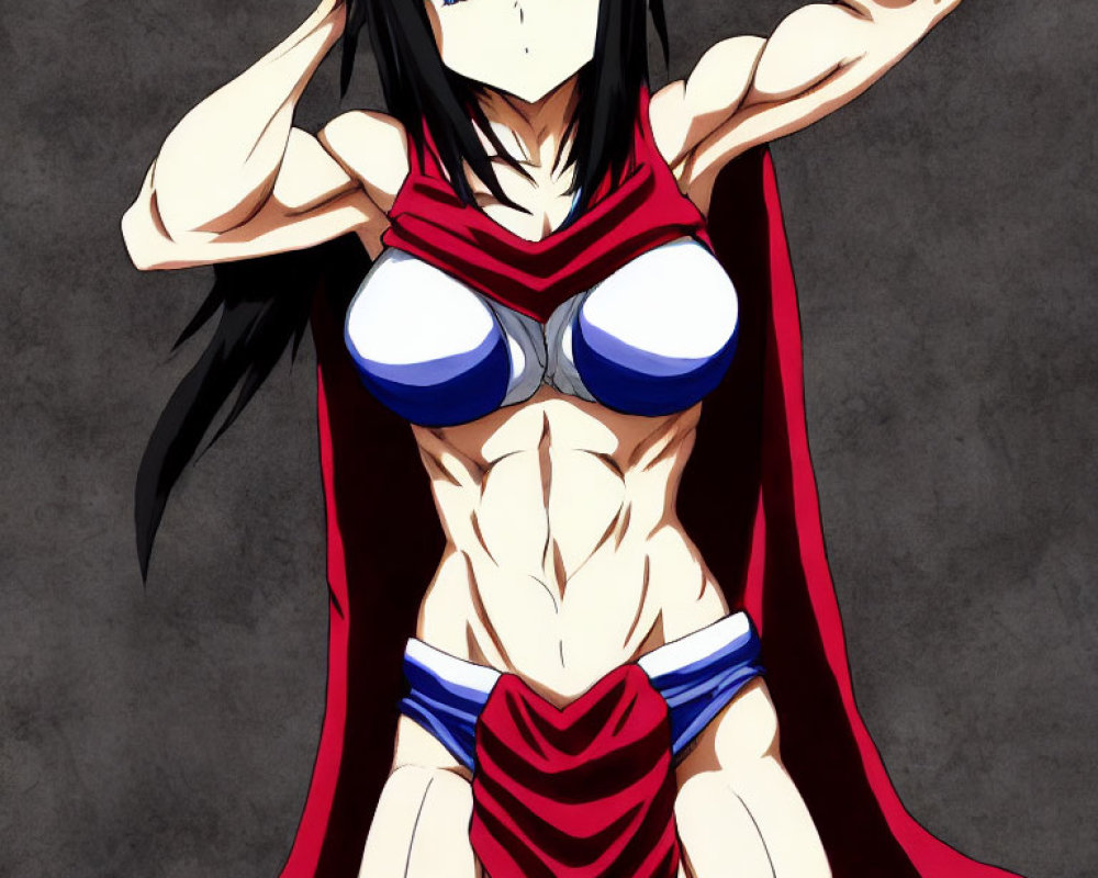 Anime-style female character with muscular physique in red and blue outfit on dark background