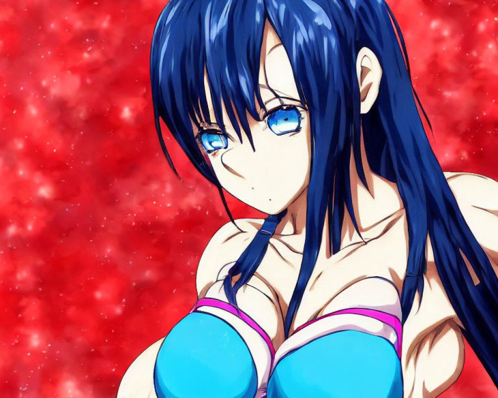 Blue-haired animated character in purple bikini on red background