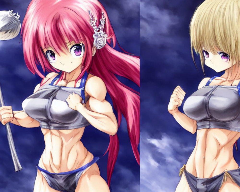 Muscular Female Anime Characters with Pink and Blond Hair Holding Weapons