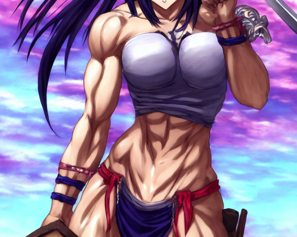 Muscular woman with purple hair in anime style holding a sword