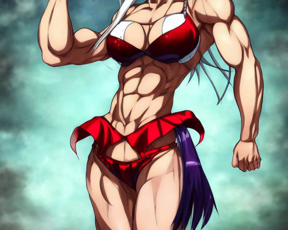 Muscular character with white hair in red and white bikini flexing under cloudy sky