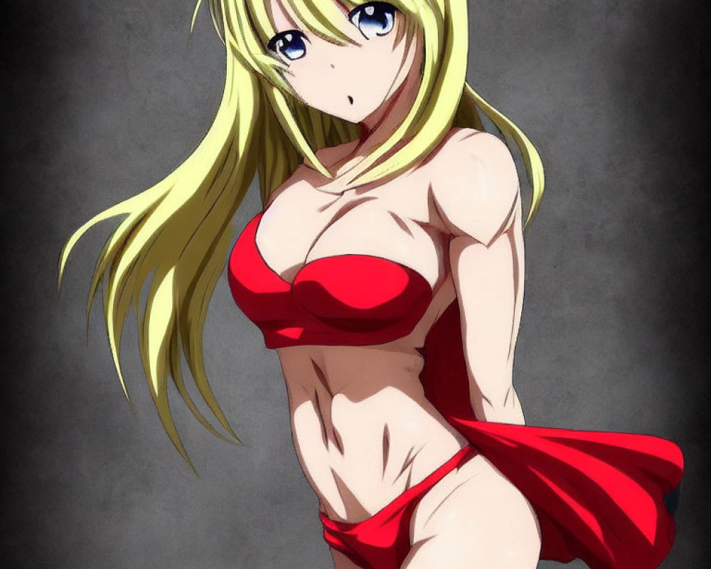 Blonde animated character in red bikini on grey background