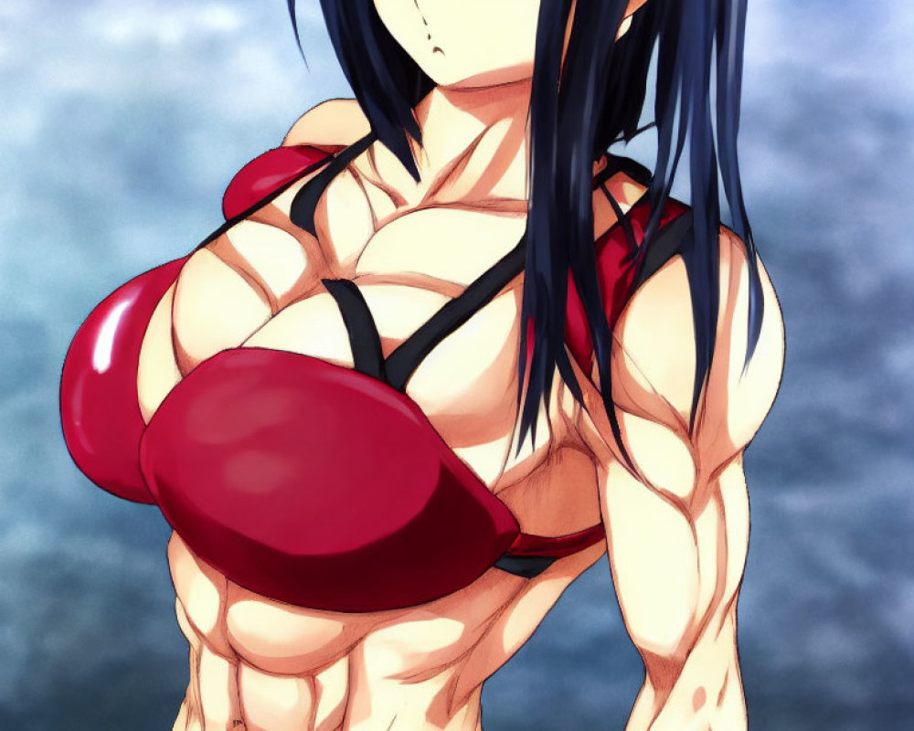 Muscular female character in red bikini top with stern expression