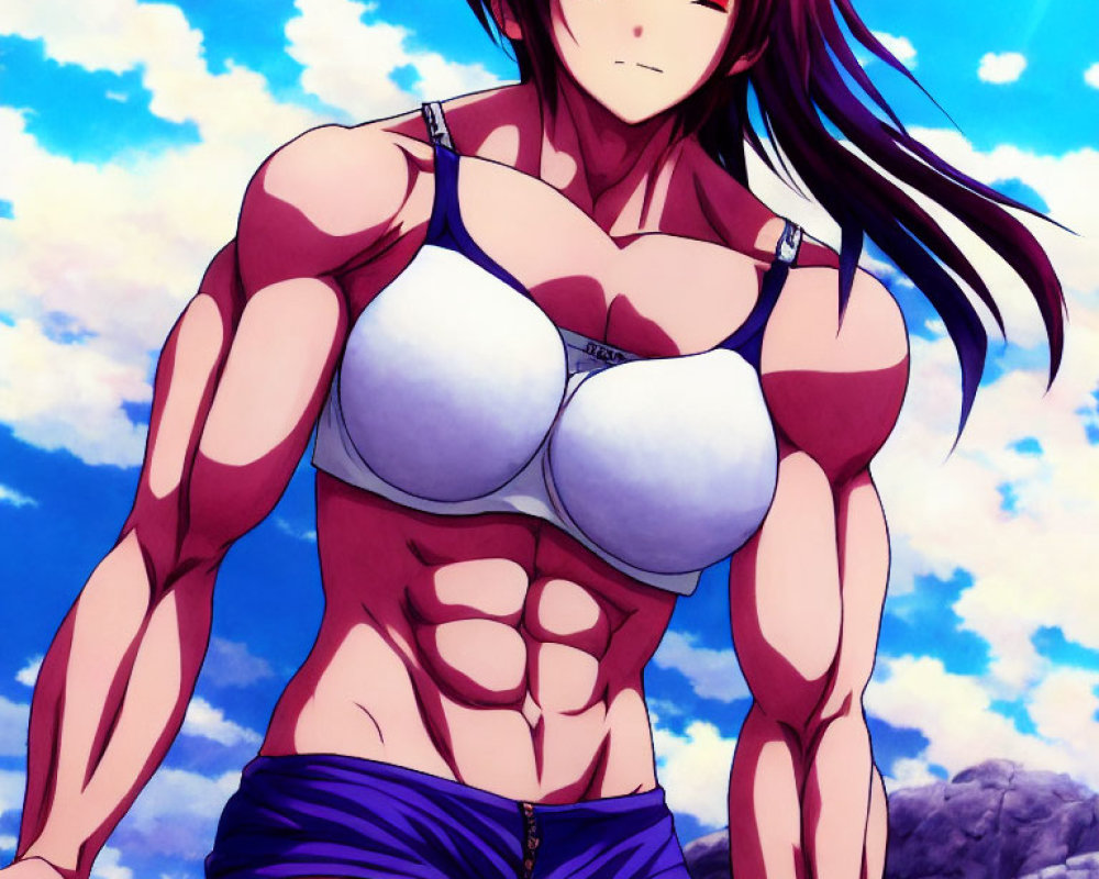 Muscular woman in sports bikini against blue sky with clouds