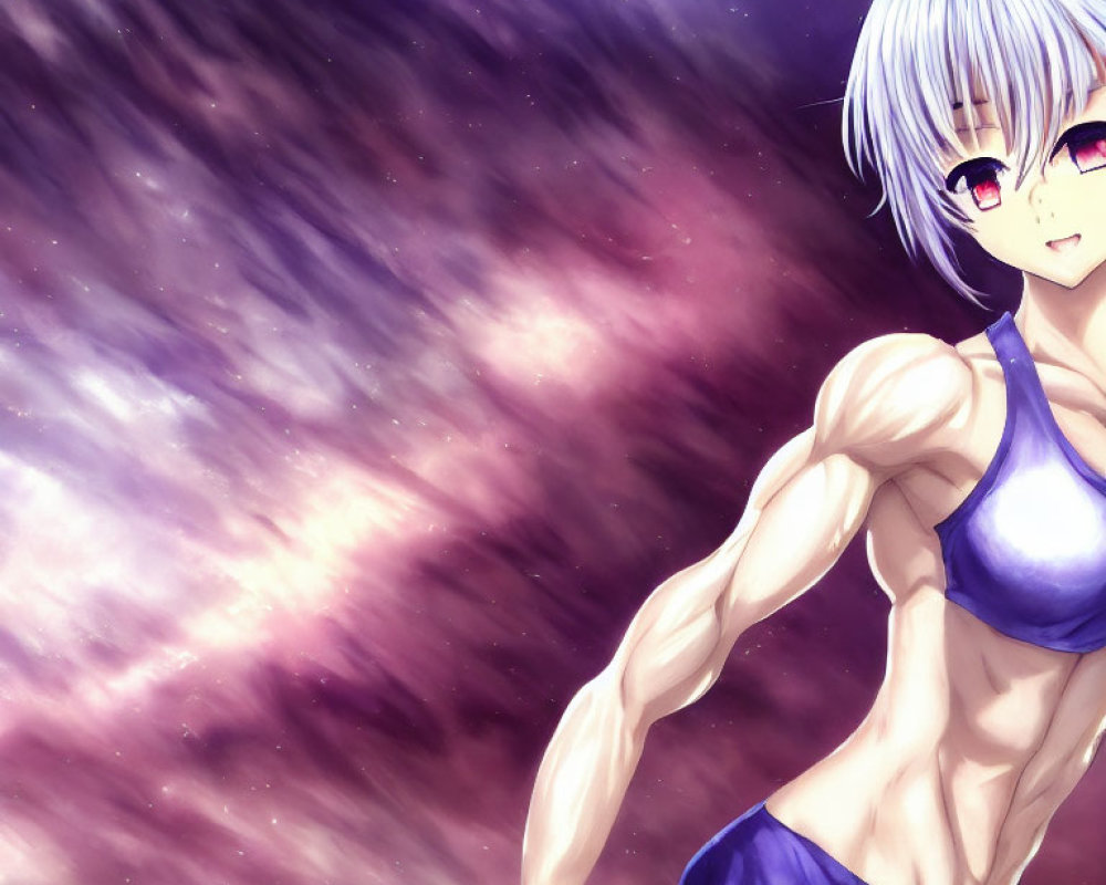 White-haired, red-eyed animated character in blue bikini on cosmic purple background