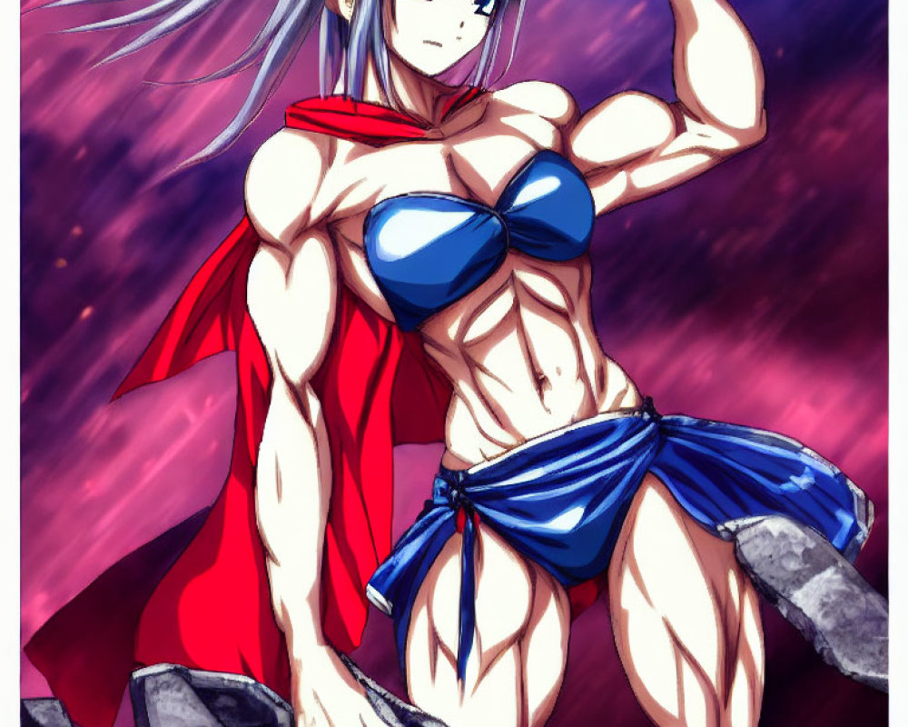 Muscular female anime character with silver hair in blue bikini and red cape on crimson backdrop