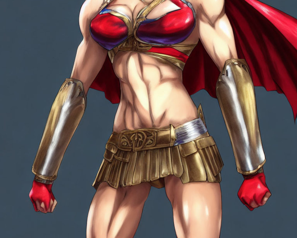 Muscular character in red cape and gold armor on grey background