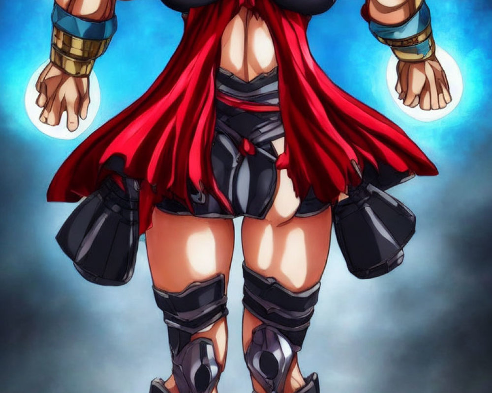 Character in Red Cape with Armored Gloves and Leg Braces Depicted in Stylized Image