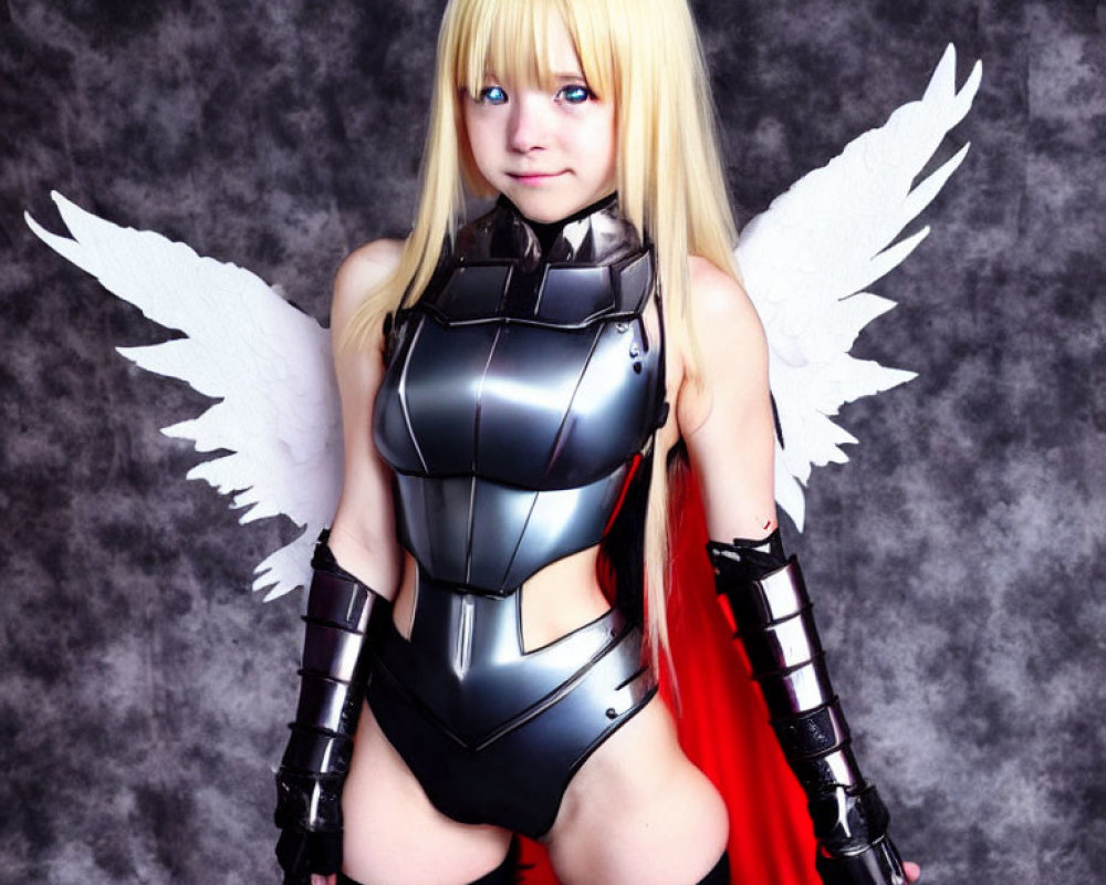 Angelic warrior cosplay with metallic armor, white wings, and red cape