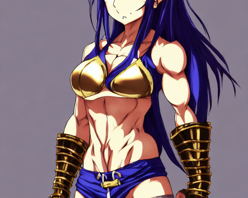 Blue-Haired Anime Character in Gold Bikini Top and Skirt Flexing Bicep