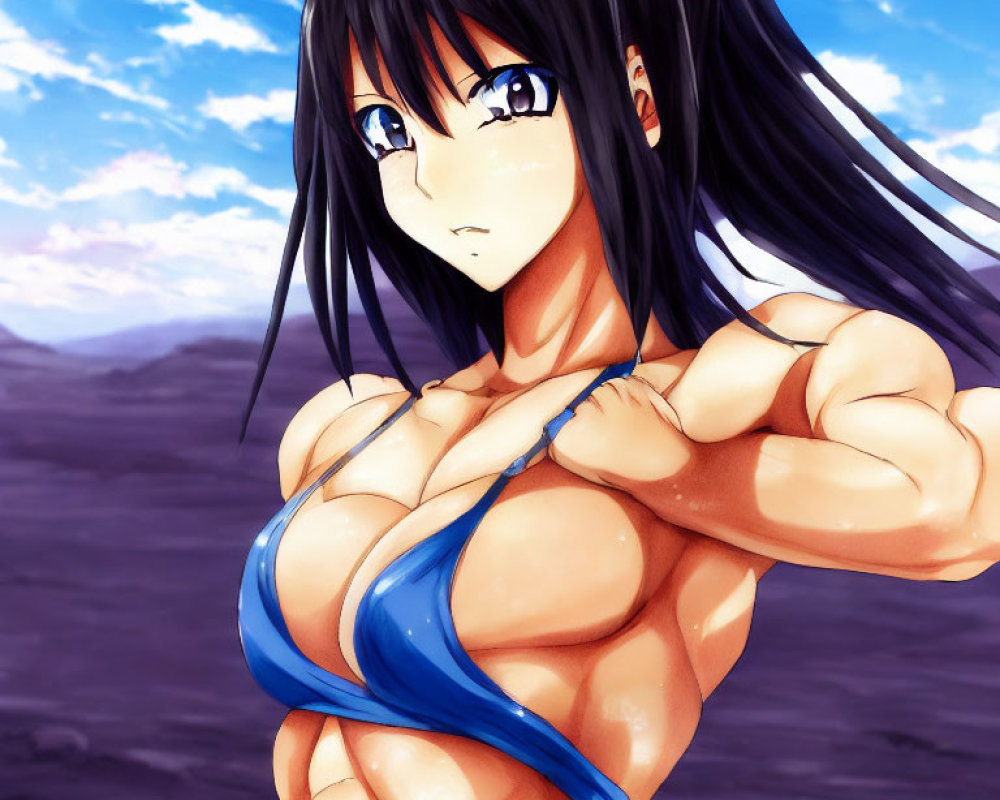 Muscular female character with long black hair in blue outfit against cloudy sky.