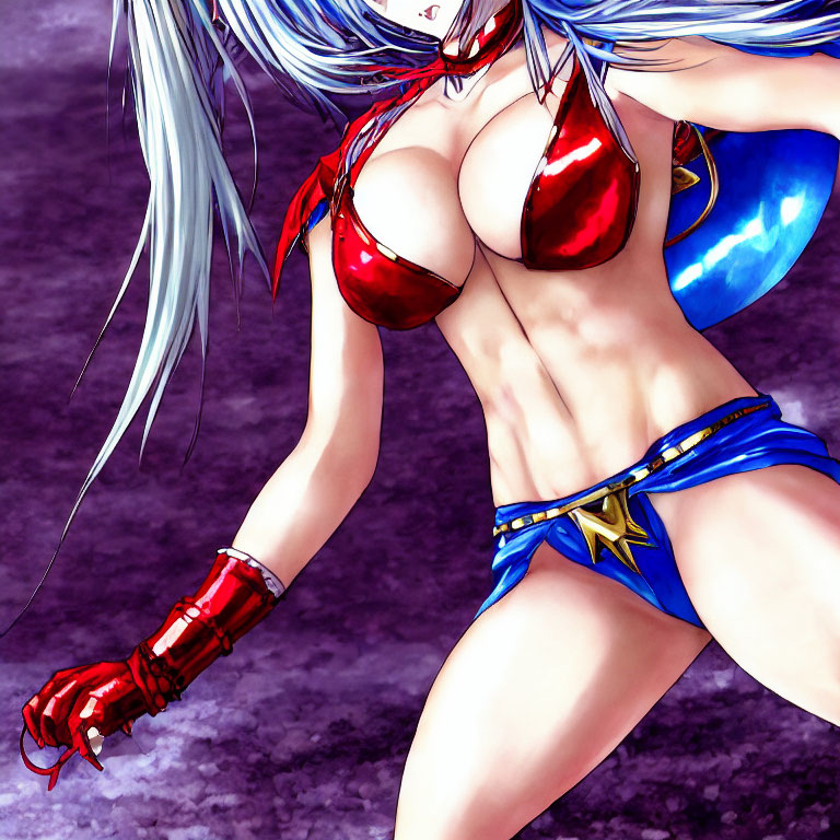 Stylized drawing of female character in silver hair, red and blue armor bikini outfit